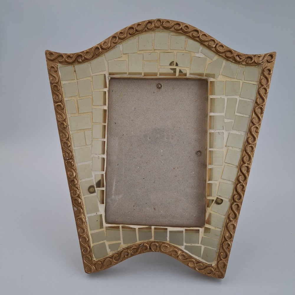 Vtg ANNA Gold Scroll Mosaic Frame Translucent Glass/Shell Tiles Shield Shape